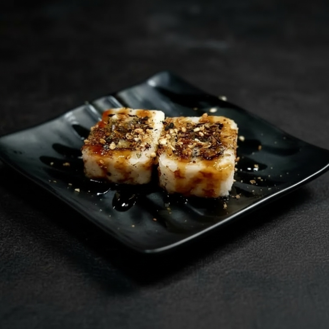 Arroz por fora, alga, pele de salmão grelhada e molho teryaki
