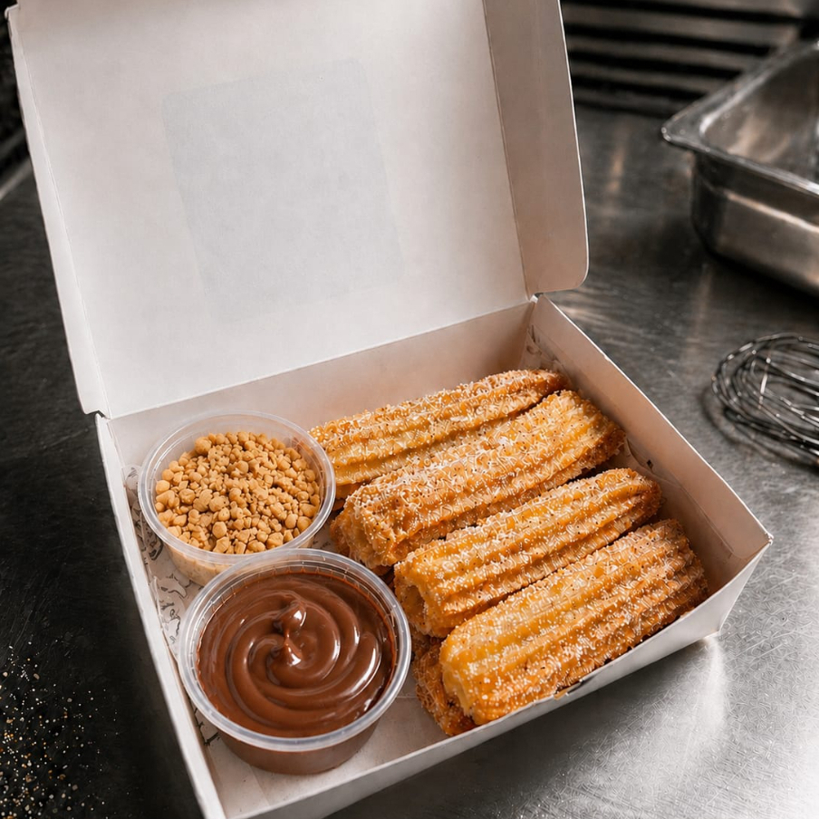 8 churros de 8cm cada, com 50gr de recheio + 50gr de amendoim triturado, selecione as opções por favor.