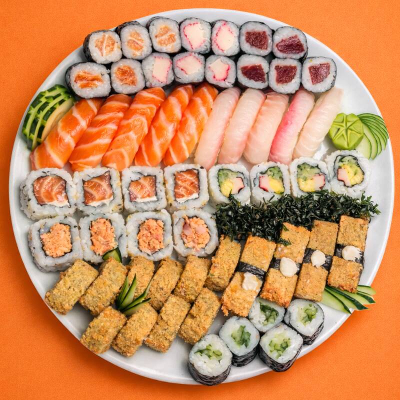 5 Niguiri salmão, 5 Niguiri tilápia, 4 Niguiri skin. 4 Uramaki salmão, 4 Uramaki Filadélfia, 4 Uramaki Califórnia, 4 Uramaki skin. 5 Kanimaki, 5 kapamaki. 10 Shakemaki 10 hot holl. Obs. Não fazemos alterações