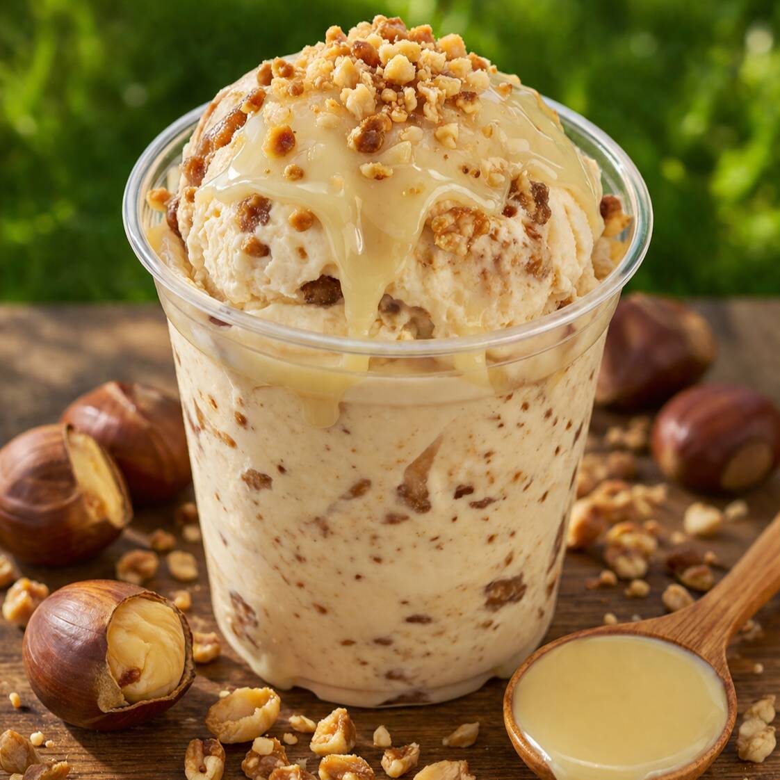 Nosso irresistível Menina Bonita! 300ml de um creme super cremoso, recheado com generosos pedacinhos de castanha e finalizado com uma deliciosa cobertura de leite condensado.