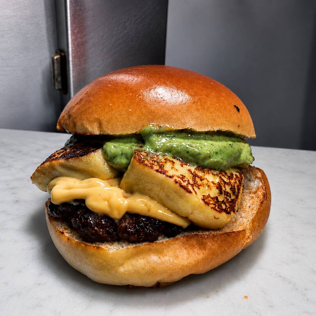 Pão selado, carne 70g, cheddar, queijo coalho Rancho Açú, molho do chef/maionese verde temperada na tampa do pão, acompanha dois saches de molho.
