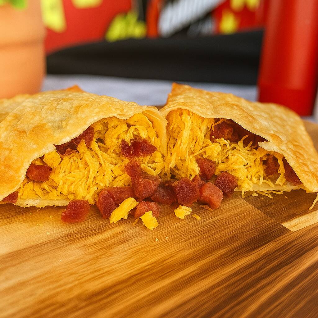 A combinação perfeita em um Pastel: a suculência do Frango desfiado temperado se encontra com a crocância e o sabor inconfundível do Bacon em cubos. Uma explosão de sabor a cada mordida!