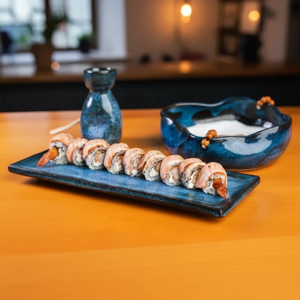 Uramaki recheado com tempurá de camarão e cream cheese, finalizado com lâmina de salmão maçaricada.