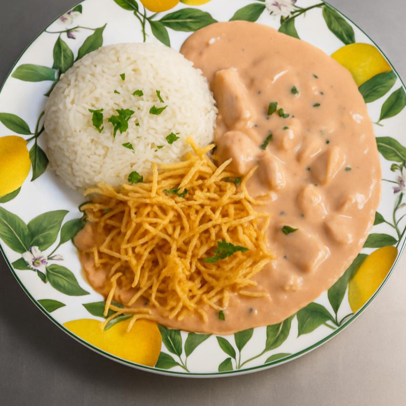 Cubos de Frango macios ao Molho cremoso de tomate com creme de leite. Acompanha Arroz branco e Batata palha crocante.