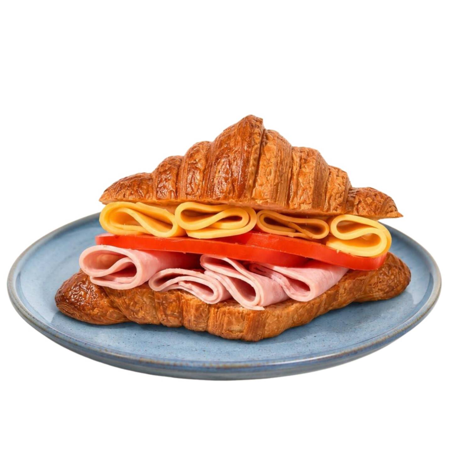 Croissant de massa folhada, leve e crocante, recheado com queijo prato , presunto e tomate, em uma combinação leve, saborosa e equilibrada.