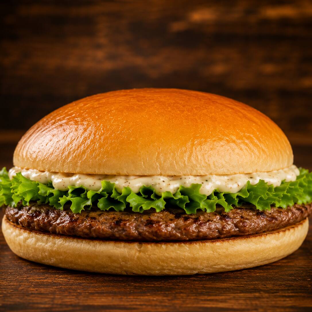 PÃO COM MANTEIGA NA CHAPA, CARNE DE HAMBUGUER INDUSTRIALIZADA, SALADA E MAIONESE TEMPERADA.