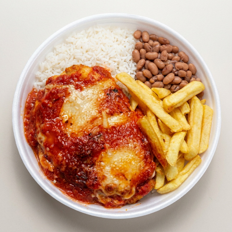 Marmita acompanha arroz, feijão, , parmegiana de frango, batata frita.