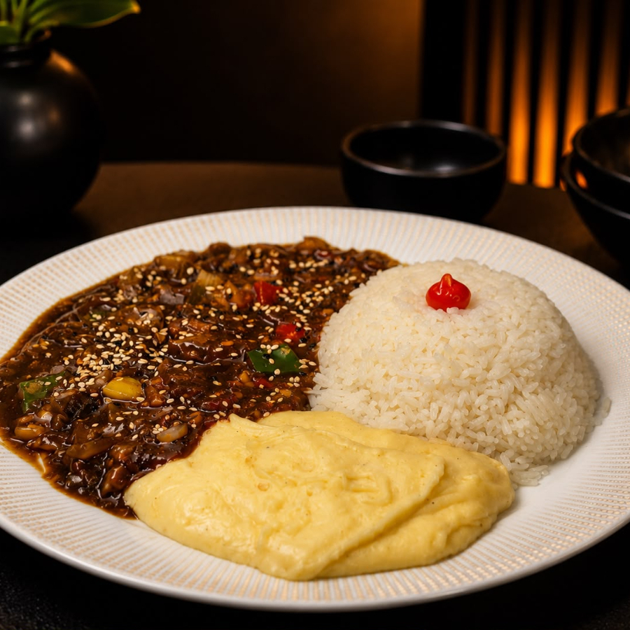 Tiras de carne bovina suculentas salteadas no molho shoyu com pimentão verde, vermelho e amarelo, cebola, tomate e amendoim crocante. Finalizado com gergelim. Um clássico que não sai de moda. Escolha dois acompanhamentos pra deixar seu prato ainda mais saboroso.