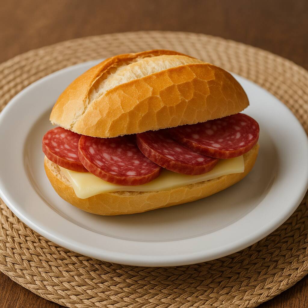 Pão francês com manteiga, queijo mussarela e salame tipo italiano
