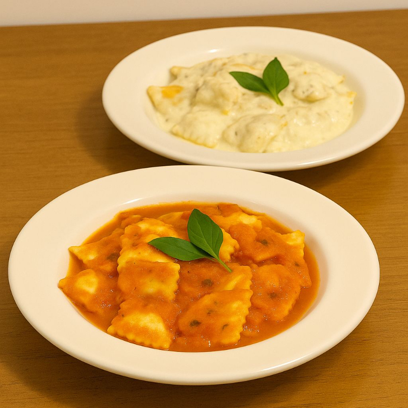 Ravioli de carne al molho branco e outro al molho pomodoro.