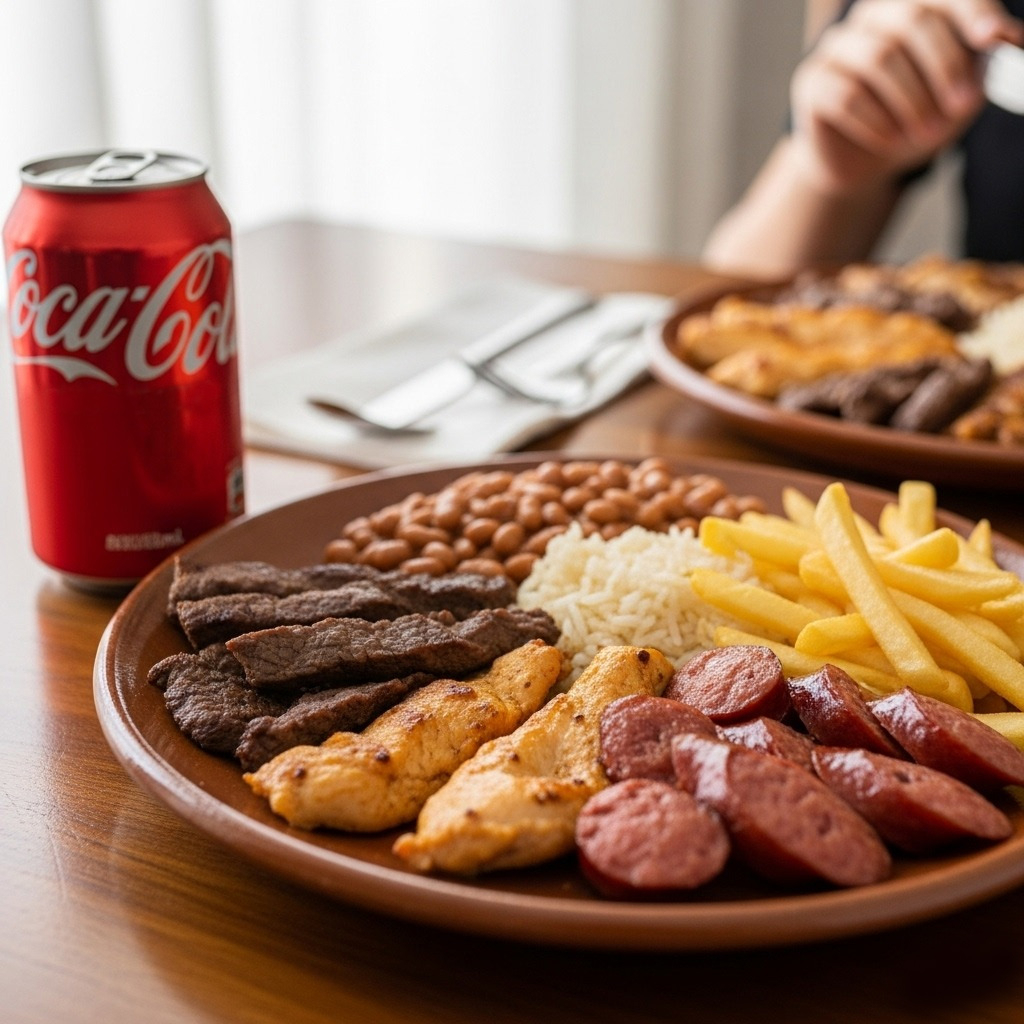 Um churrasco misto completo com saborosa alcatra em tiras, suculentas iscas de frango e linguiça, tudo grelhado na perfeição. Acompanha batata frita, arroz branco soltinho e nosso feijão com tempero de casa. Escolha uma bebida de sua preferência.