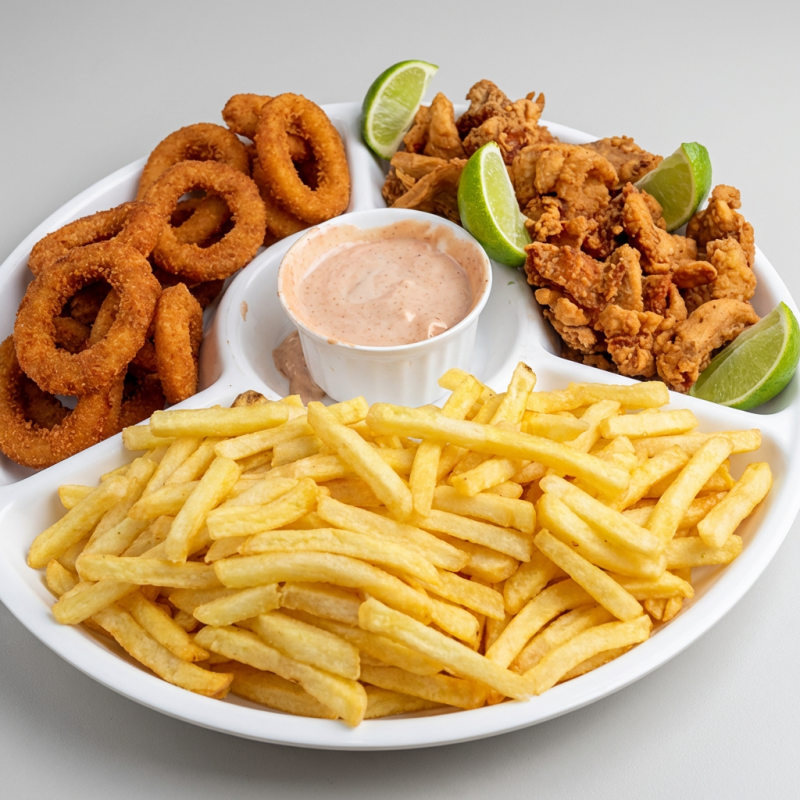 Peixe empanado+ cebola empanada+ batata frita