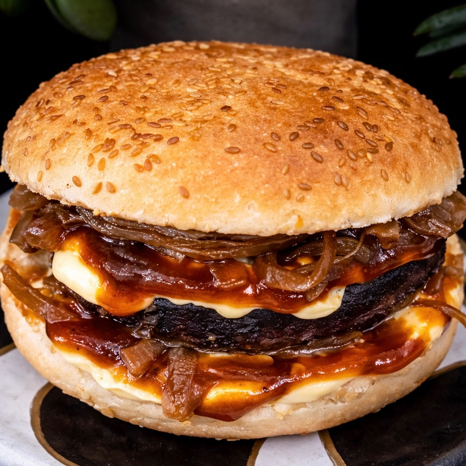 Pão com gergelim, requeijão provolone vegano, cebola ao shoyu, um delicioso hambúrguer de plantas - 100g e barbecue.