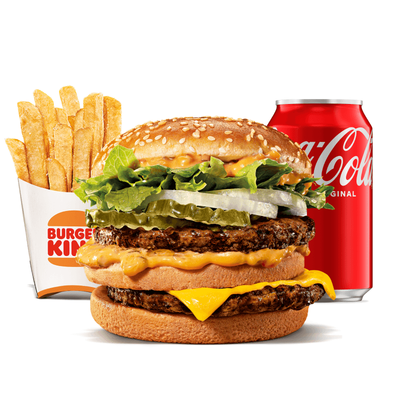 Um hambúrguer com duas carnes bovinas grelhadas de 57g, pão com gergelim, queijo derretido, picles, salada fresca (alface e cebola) e o exclusivo molho big king.