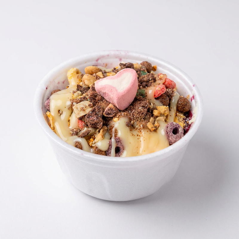 acompanhado por Granola, sucrilhos, chocobol, leite em pó, farinha de biscoito, farinha de paçoca, leite condensado.