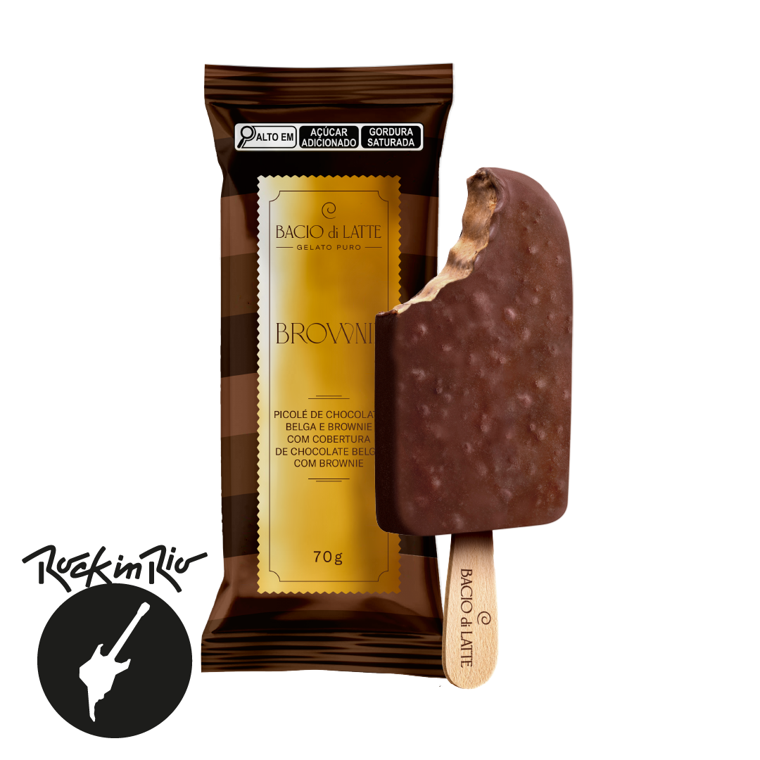 Picolé de gelato com brownie de verdade, cobertura de chocolate belga e pedacinhos de brownie, 70g.