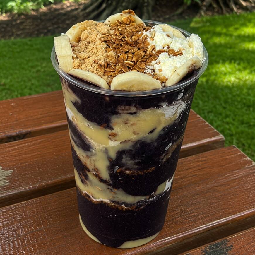 Se a fome veio forte, esse é o seu destino. Nosso copo de 770ml entrega uma maré cheia de açaí cremoso, refrescante e com aquela textura perfeita que segura os complementos sem perder o sabor. Personalize com seus favoritos e curta uma experiência intensa, tropical e duradoura — ideal para quem não quer economizar na vontade. Cada colherada é puro clima de praia, do começo ao fim. Cremes: são montados dentro do copo, junto com o açaí, garantindo equilíbrio e textura perfeita. Extra de Nutella: vai à parte, em um potinho separado, para você adicionar do seu jeito.