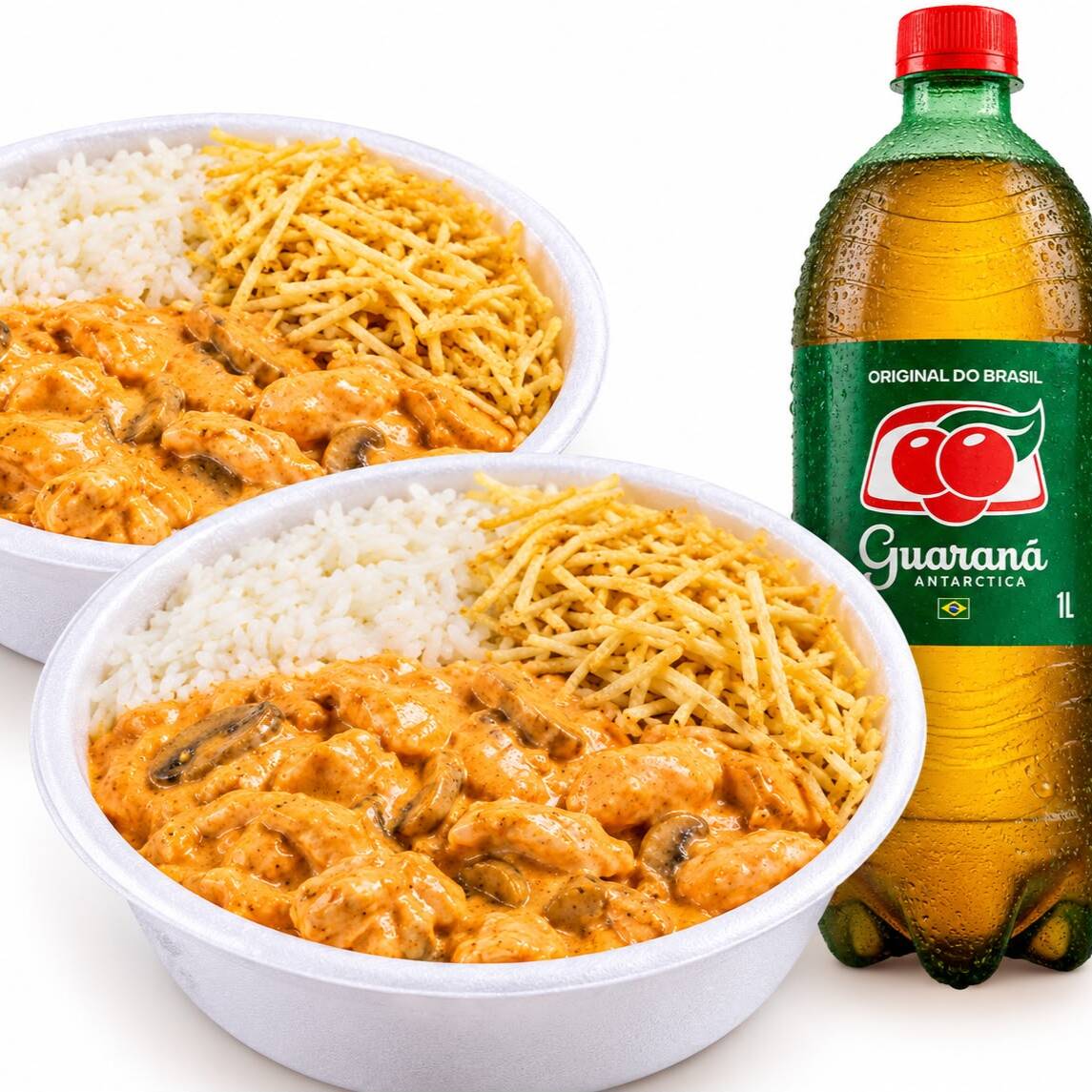 Duas deliciosas marmitas de strogonoff cremoso, acompanhadas de arroz soltinho e batata palha crocante, para matar a fome de verdade! E para completar, 1 Guaraná Antarctica de 1 litro bem geladinha! É sabor, fartura e praticidade em um só combo!Peça já o seu e aproveite!