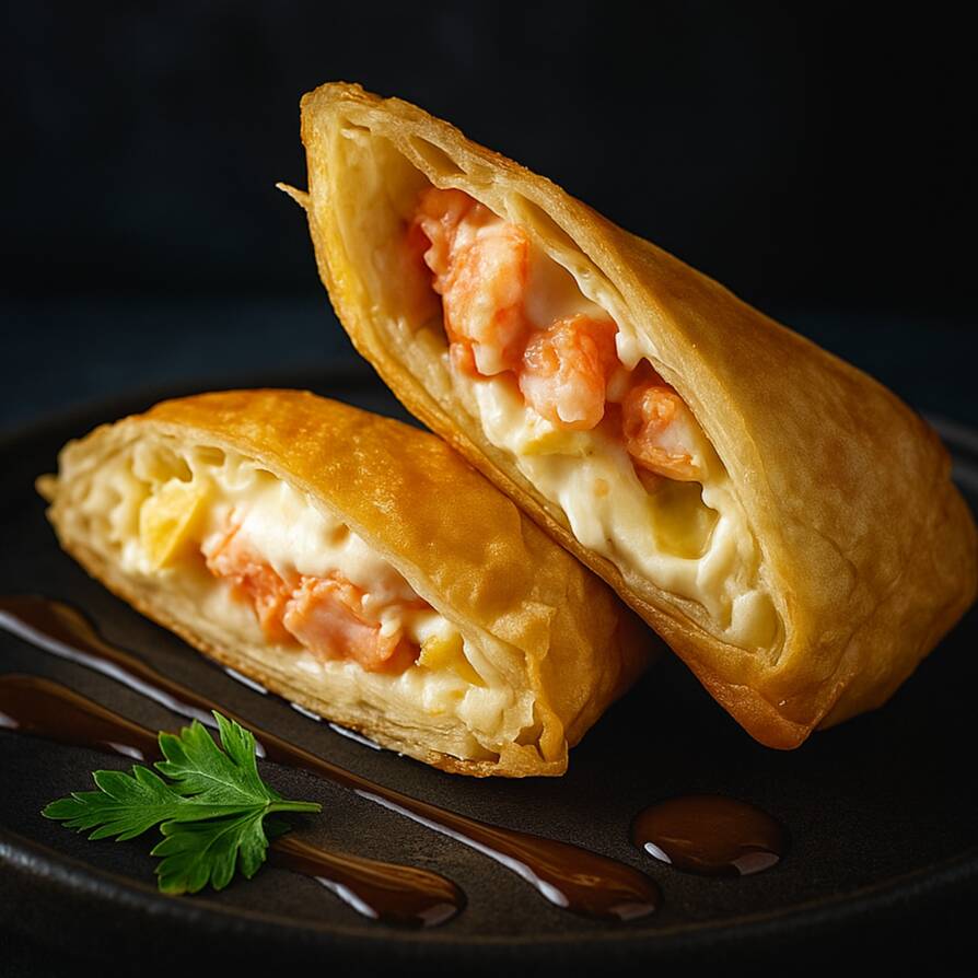 Massa super crocante oriental recheada de camarão grelhado no azeite e creem chesse.