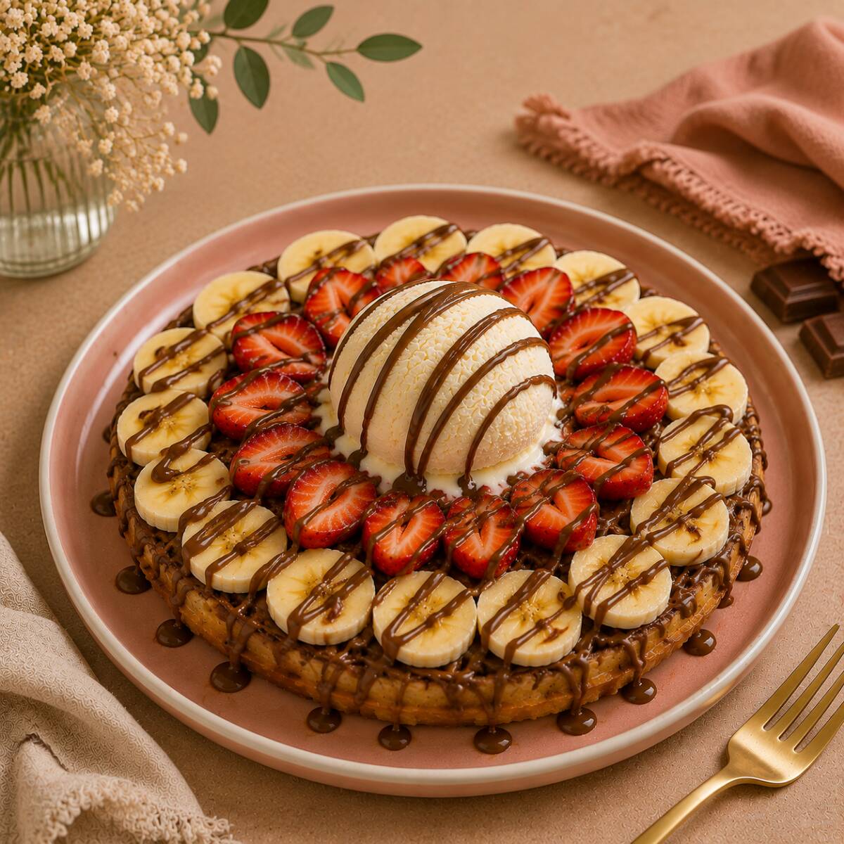 Waffle Nutella, Banano y Fresas