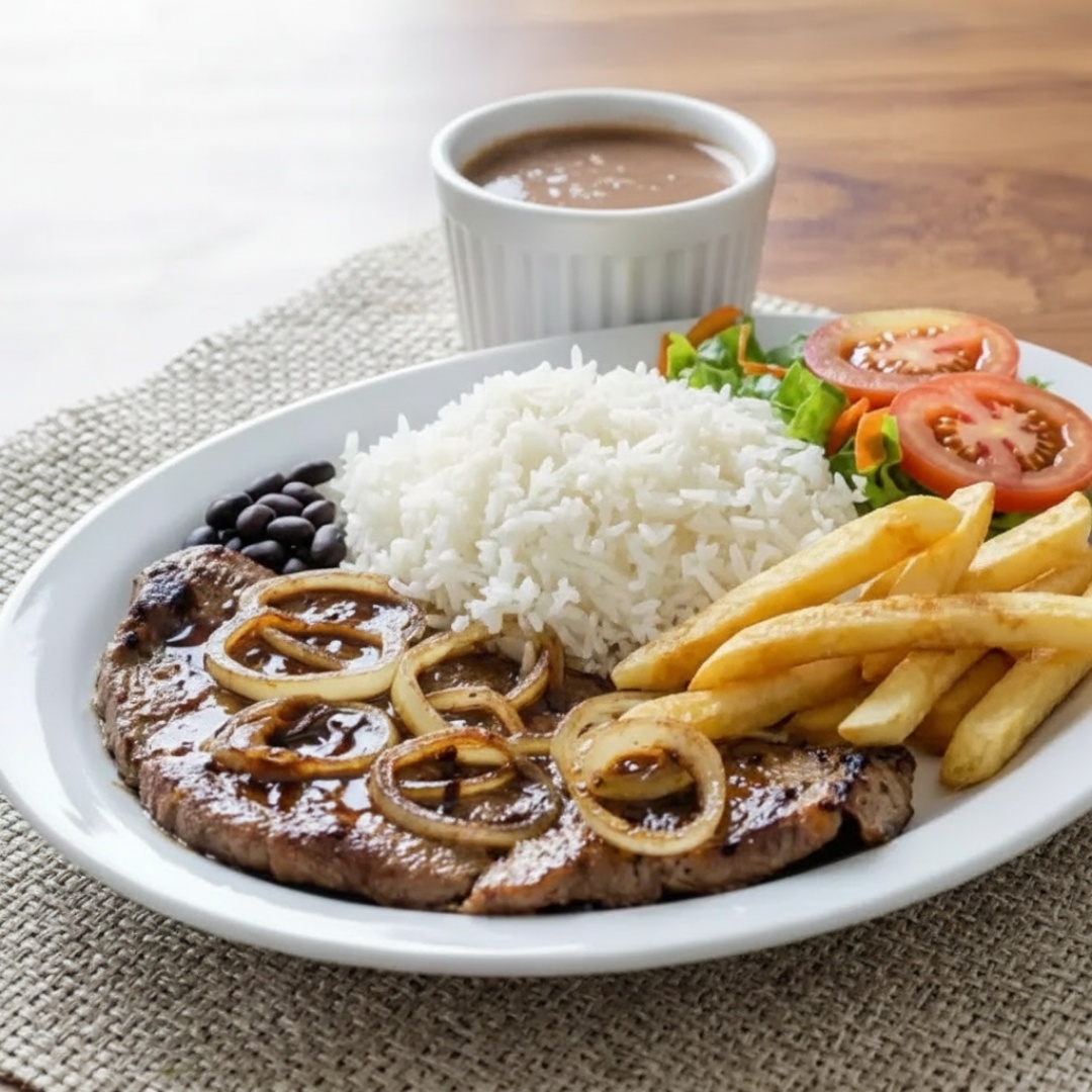 Contra filé acebolado e flambado ao molho shoyu.. Uma combinação de sabores incrível. explosão de sabores suculento e delicioso. *imagem ilustrativa* Monte sua refeição e aprecie essa experiência....