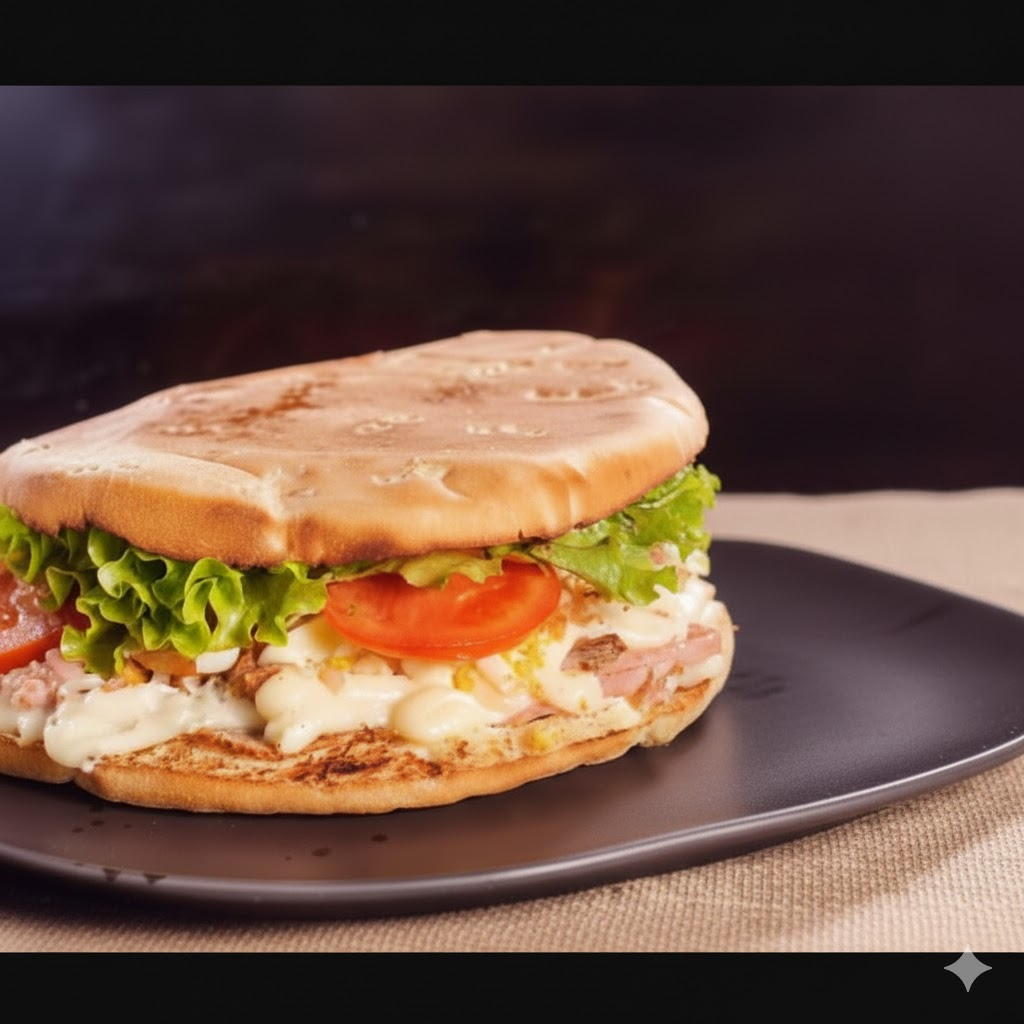 Pão brioche, hamburguer, queijo prato,presunto, ovo, bacon, alface, tomate e maionese.