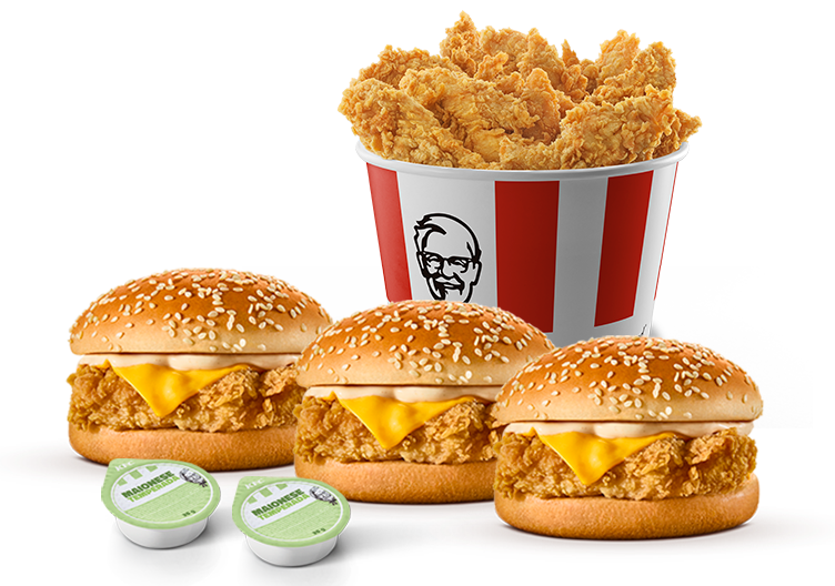 Aquela combinação para os amantes de Frango Crocante: Compre 1 Balde Grande (8 Tiras) + 3 Sanduíches com desconto