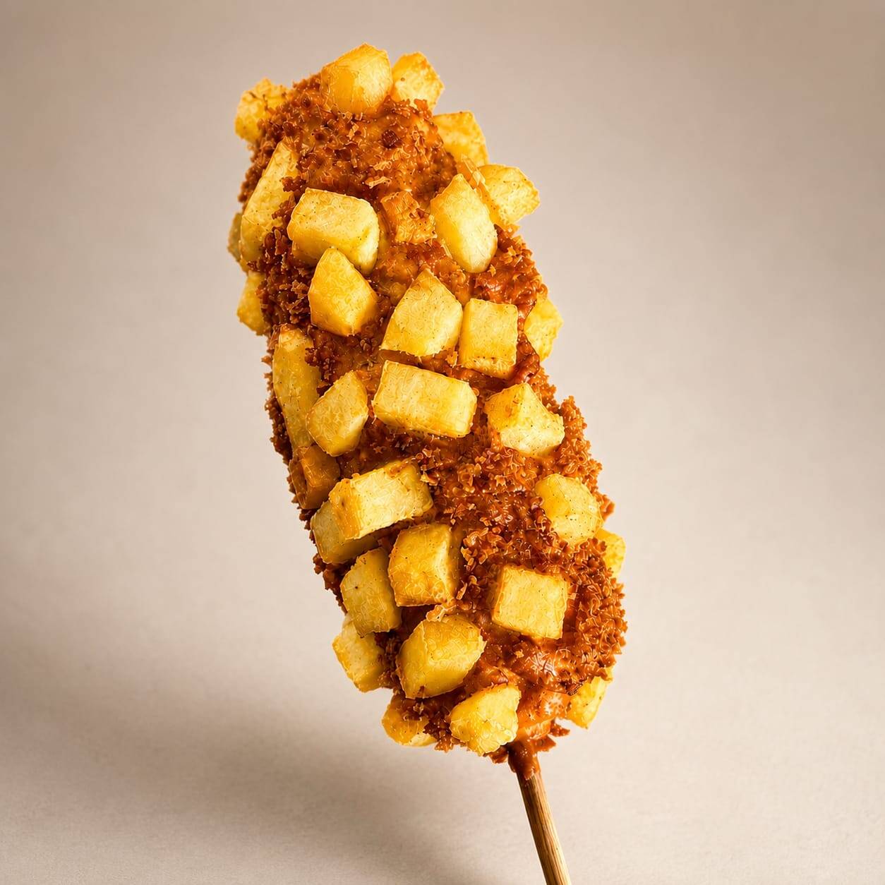 O famoso K-Dog Coreano! Salsicha com queijo, empanada com cubinhos de batata e farinha panko. Frito na hora, super crocante por fora e com queijo derretido por dentro. Uma explosão de sabor!
