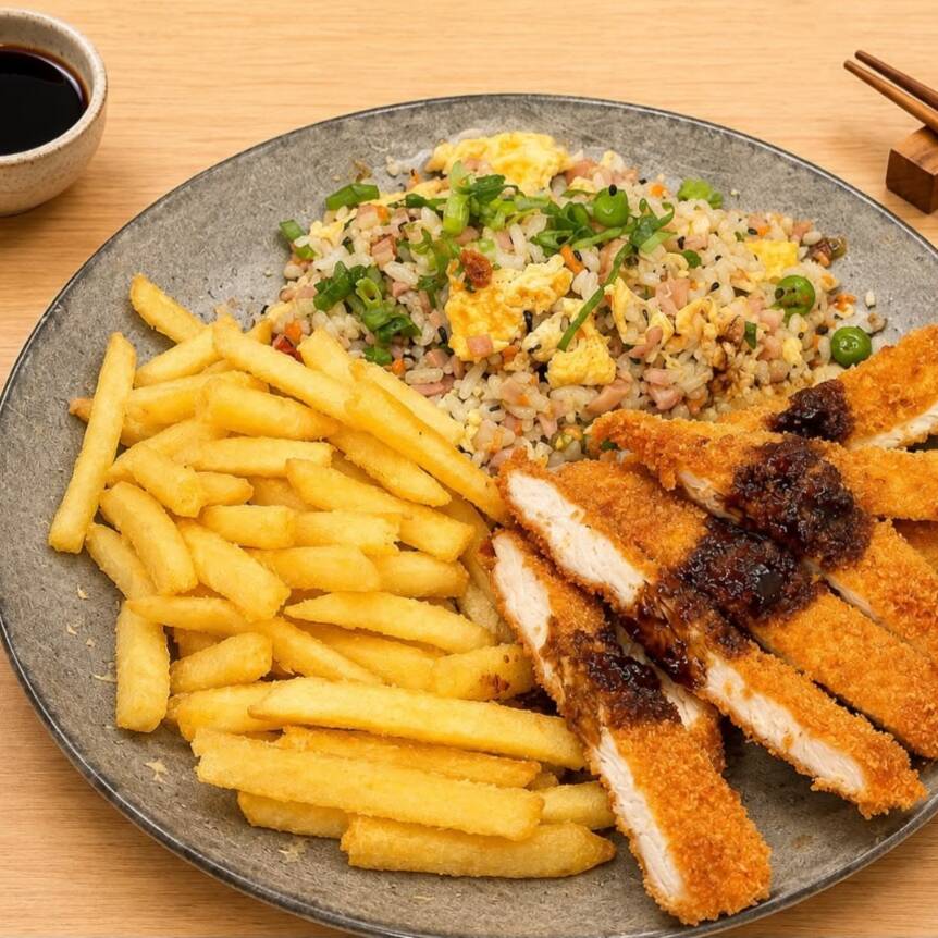 Delicioso Bentô com empanado de frango acompanhado de arroz primavera e batata frita sequinha e crocante.
Serve Bem 01 Pessoa.