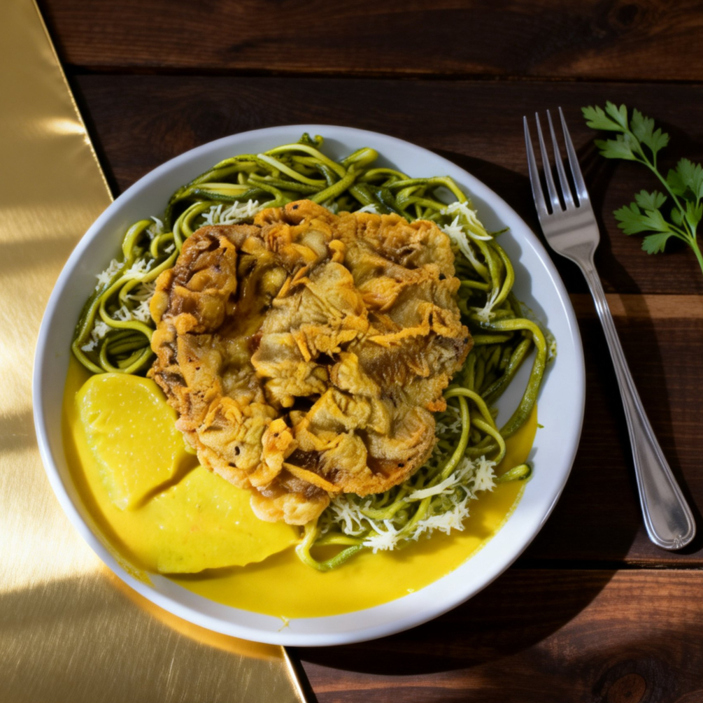 Tallarín al Pesto con Bistec Apanado