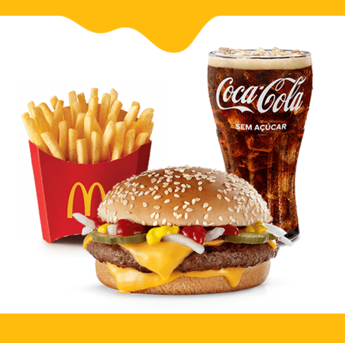 Um hambúrguer feito com pura carne bovina, envolvida por duas fatias de queijo temperado com ketchup, mostarda, cebola e picles, McFritas média e bebida.