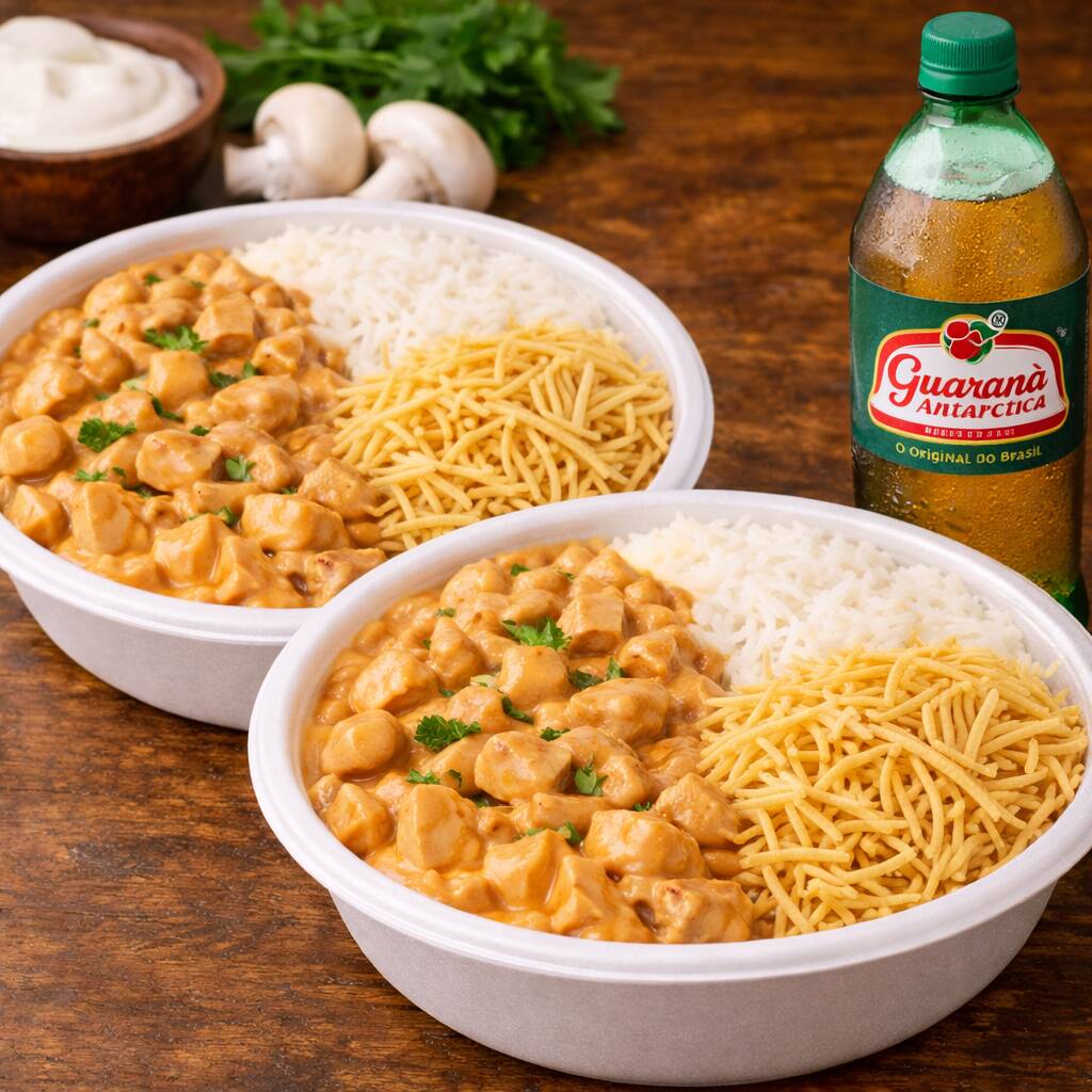 São duas Marmitas Deliciosas de Strogonoff de Frango Cremoso acompanhada de: Arroz Branco, batata palha + Guaraná Antarctica 1 Litro.