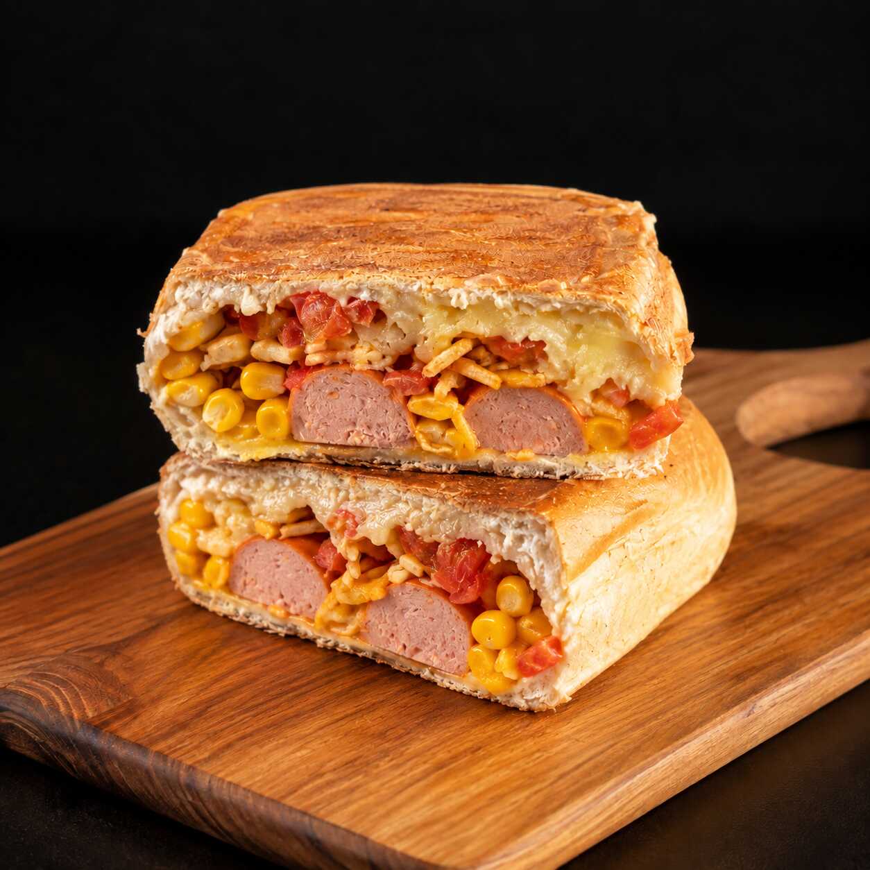 Prensado com pão 50 gramas, 1 salsicha, ketchup e mostarda, vinagrete, purê de batatas e maionese hellmans.