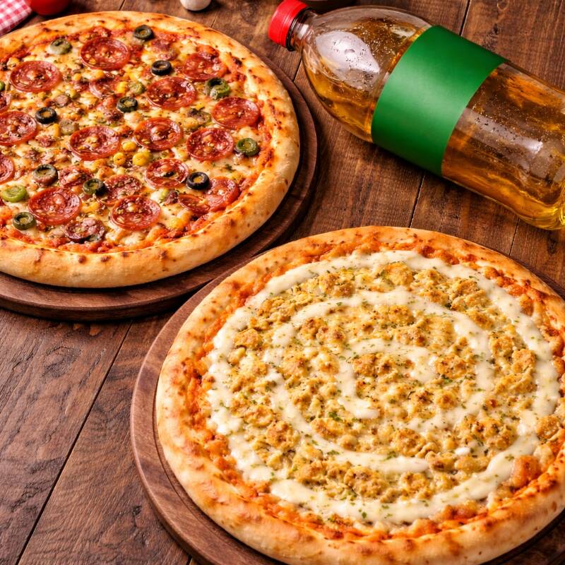 Escolha 2 pizzas Grande preferida do Puan + Refrigerante 2l por preço imperdível! (Refrigerante aleatório enviado de acordo com a disponibilidade da loja)