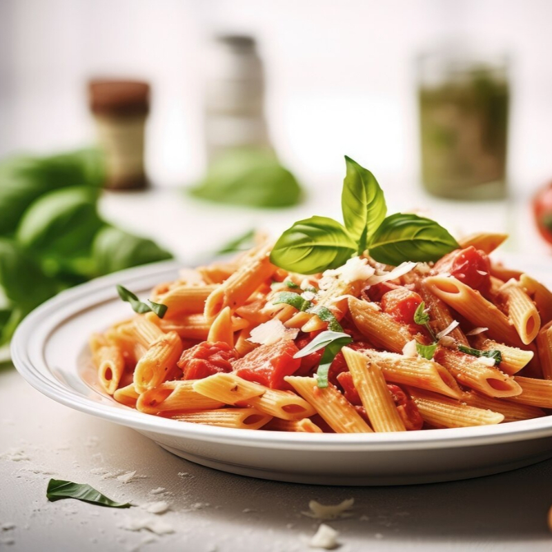 Penne de sêmola com ovos, Molho Pomodoro Caseiro Natural, alho, cebolinha, queijo parmesão ralado