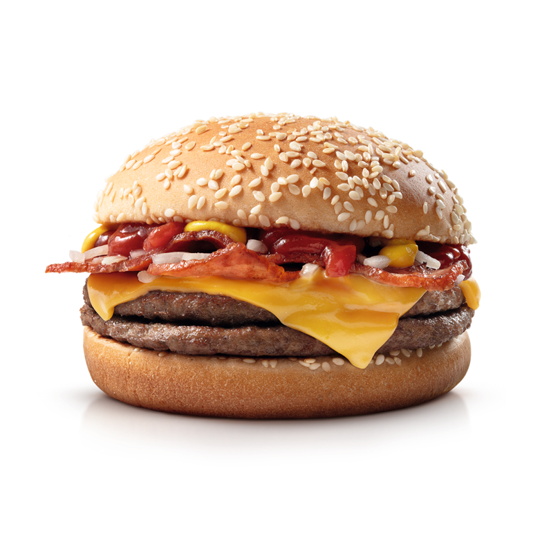 Dois hambúrgueres (100% carne bovina), queijo cheddar, cebola, fatias de bacon, ketchup, mostarda e pão com gergelim