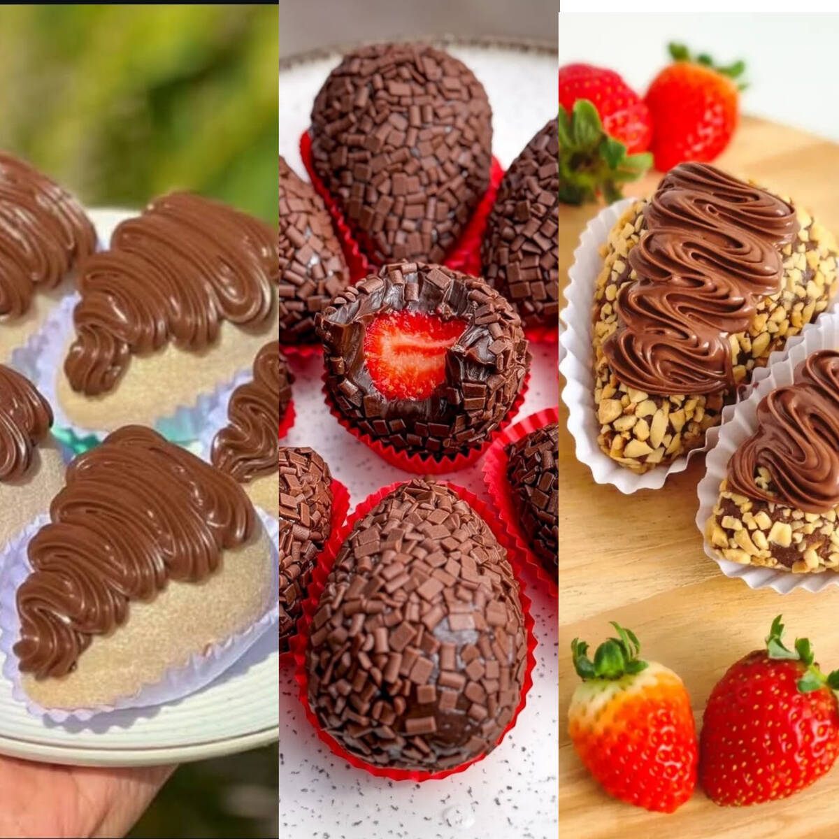 Nossos 3 morangos juntinhos para vc saborear cada um deles. Coxinha ninho com nutella, coxinha de chocolate e coxinha Ferrero.