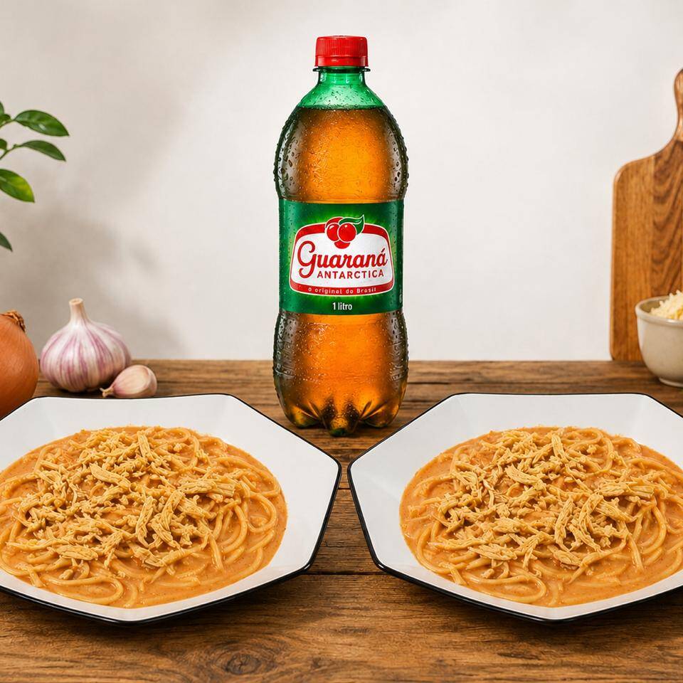nosso combo servidos para duas pessoas com 2 macarrão espaguete muito saboroso ao molho rose com frango desfiado uma explosão de sabores entrega grátis e rápida acompanhado de uma refrigerante guaraná de 1 litro