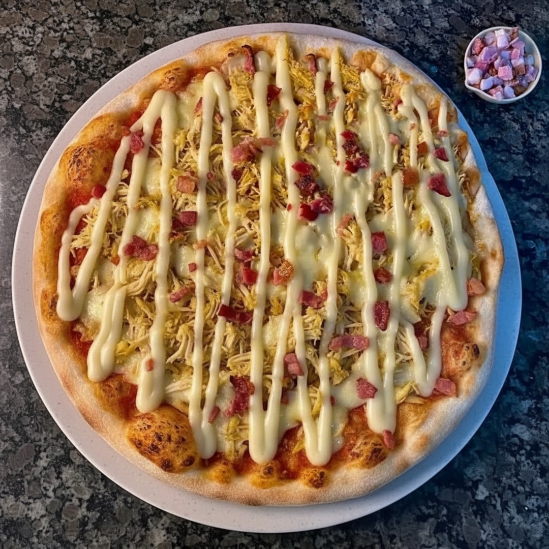 Pizza D'Napoli / Especial da Casa 74 reais, era 86 reais Massa fina e crocante com molho de tomate especial, coberto com mussarela derretida, calabresa selecionada, frango desfiado, bacon crocante e finalizada com cremoso Catupiry. Uma combinação exclusiva e cheia de sabor da casa