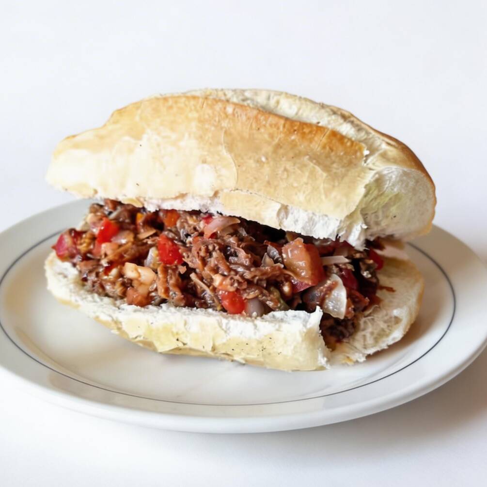 Imagine saborear uma carne cozida, desfiada e temperada cuidadosamente, deslizando suavemente em sua boca, enquanto o pão fresquinho envolve cada pedaço com carinho. Acompanhado do nosso vinagrete especial, que traz um toque de acidez e frescor, essa combinação é simplesmente divina.