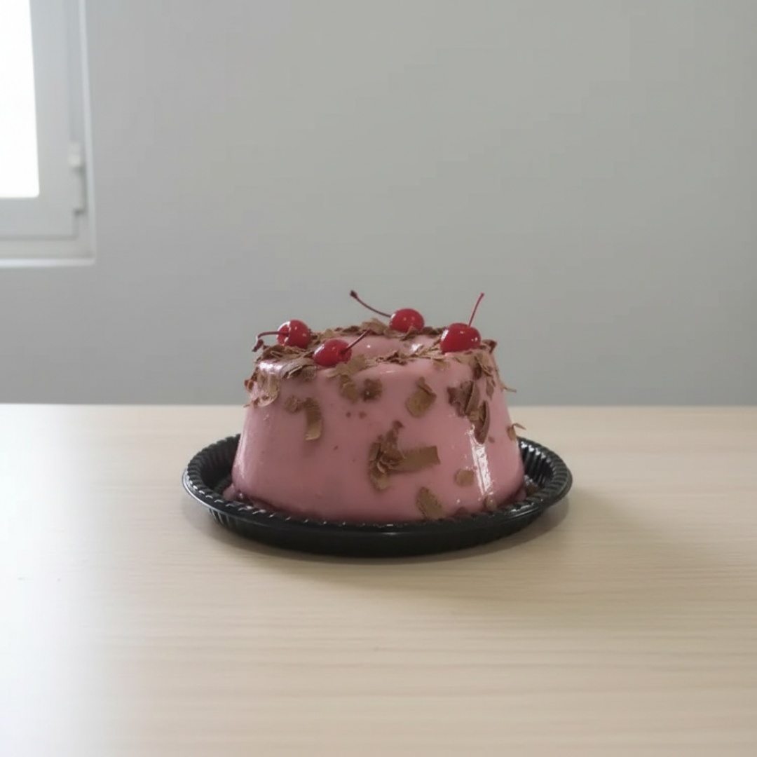 Massa fofinha de bolo sensação com pedaços de chocolate e cerejas por cima. ( aprox.650g,serve 4 pessoas)