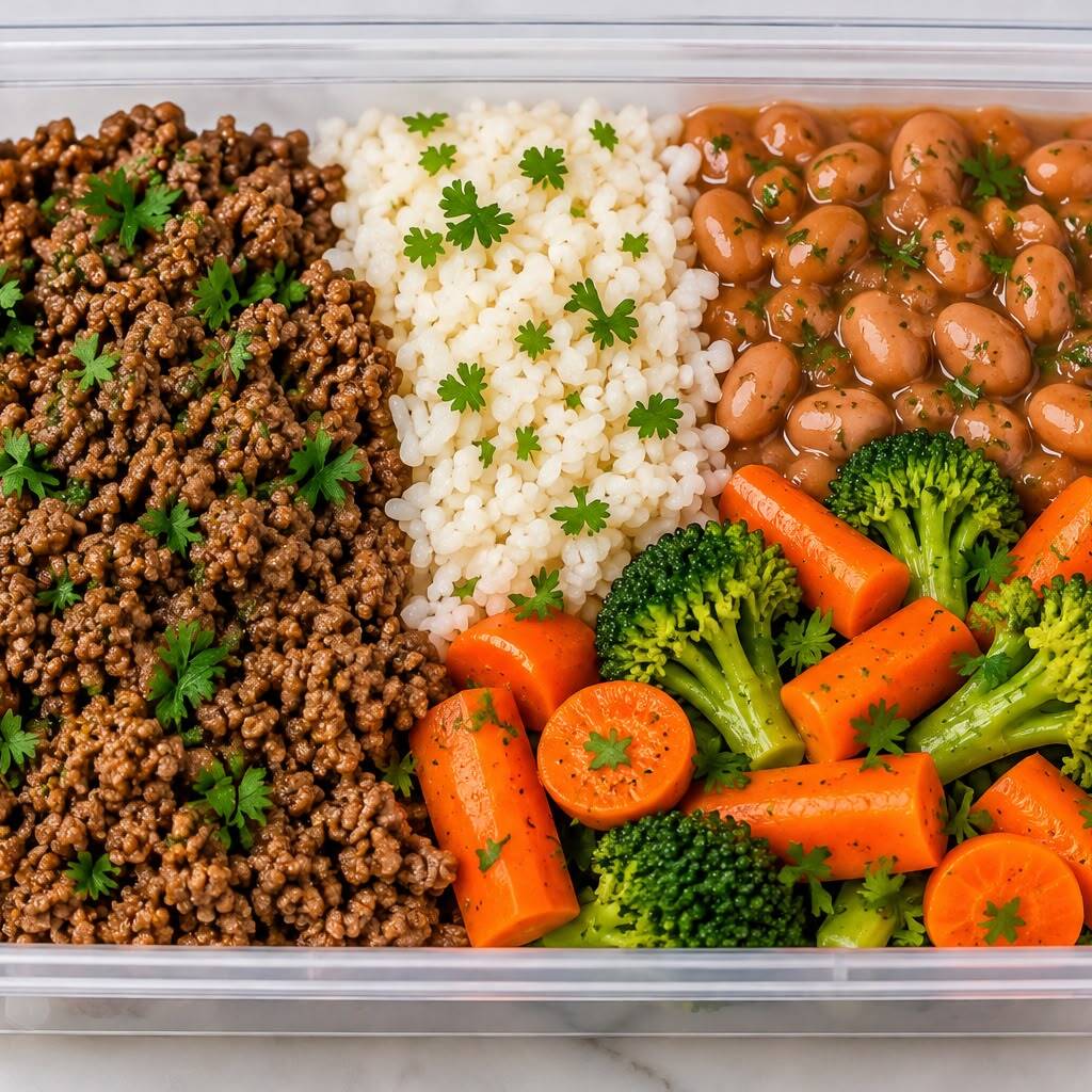 130 g de patinho acebolado, 120 g de arroz branco cozido, 80 g de feijão, 100 g de legumes e 5 g de azeite. Uma combinação saborosa e completa, com carne, arroz, feijão e legumes em porções equilibradas. ≈520 kcal | ≈39 g de proteína.
