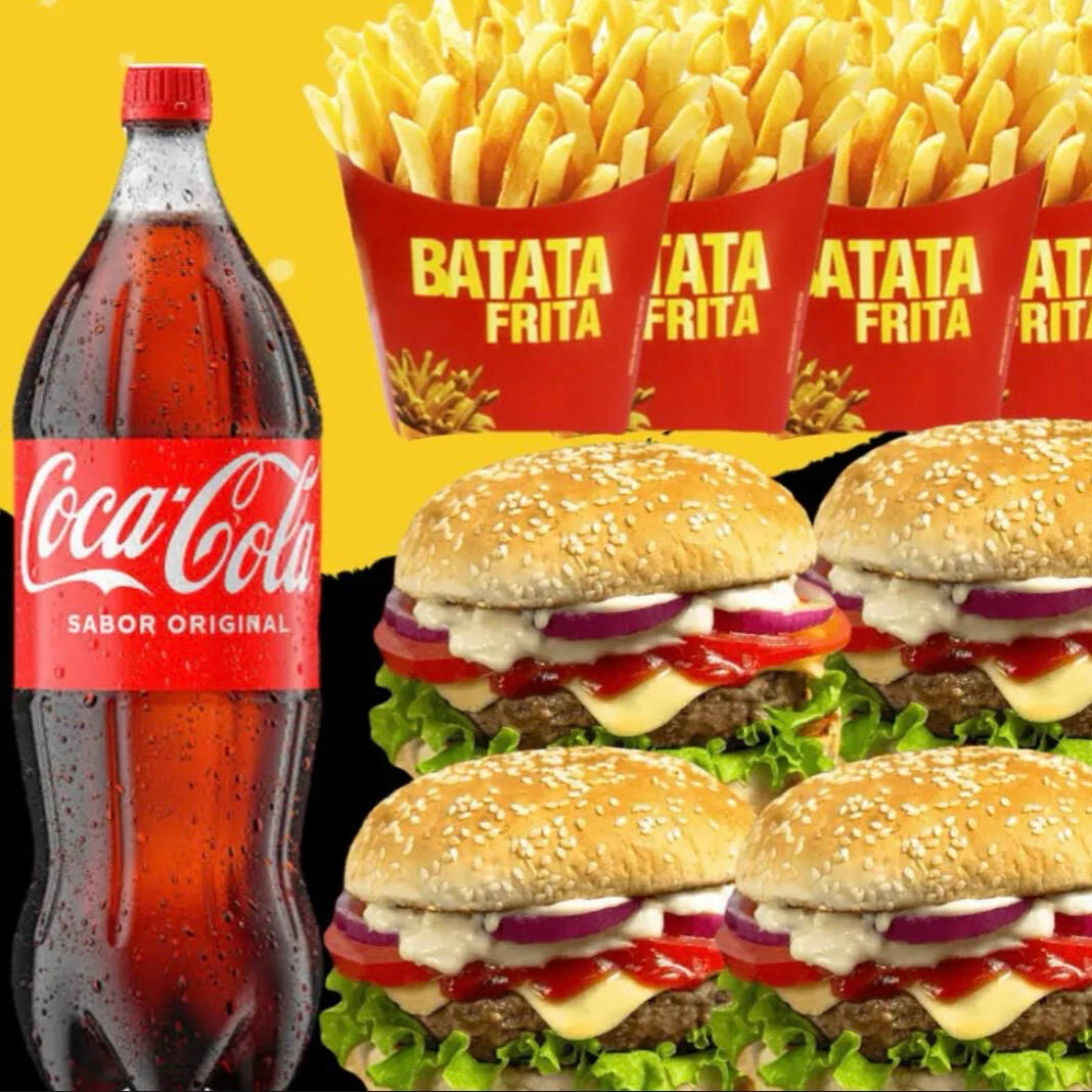 4 X Tudo ( Pão, carne, queijo, bacon, calabresa, salada, e molhos) 4 batinha fritas 1 coca de 2 litros.