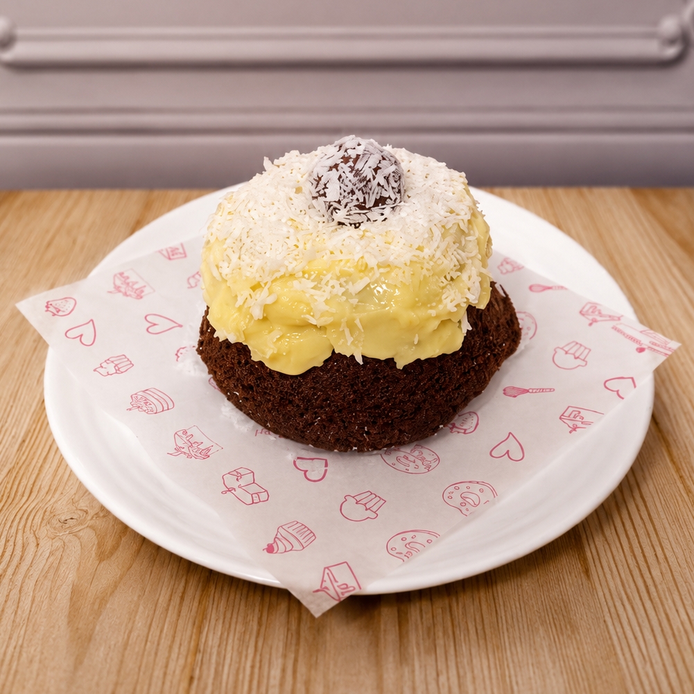 Massa de chocolate, recheada com brigadeiro de coco cremoso, finalizada com granulado preto e bombom de coco.