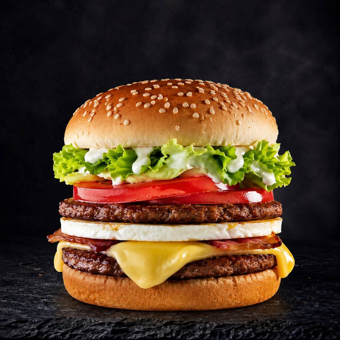 Pao com gergelim, 2 hambúrguers, ovo, queijo cheddar, bacon, alface, tomate, molho especial e cebola caramelizada.