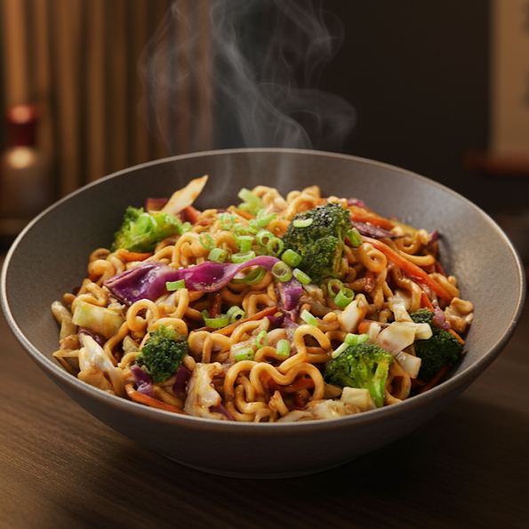 Massa oriental perfeitamente cozida e salteada, Proteínas, Repolho Roxo e Verde, Cenoura e Acelga envolvidos em um molho especial à base de shoyu, tonkatsu, hondashi, ajinomoto, alho e óleo de gergelim.