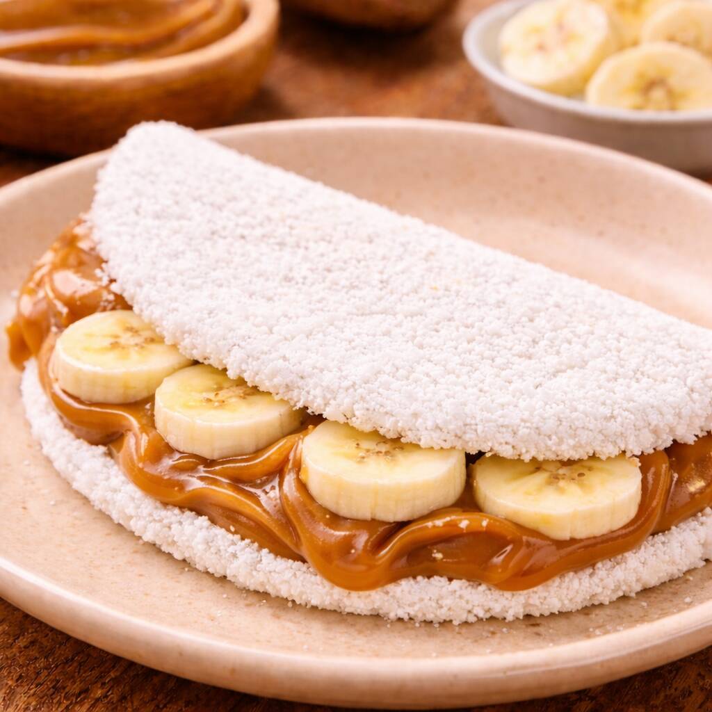 Tapioca quentinha e macia, recheada com doce de leite cremoso e banana fatiada, criando a combinação perfeita entre o doce suave e a textura da fruta. Uma opção deliciosa, reconfortante e ideal para sobremesa ou lanche a qualquer hora do Dia!