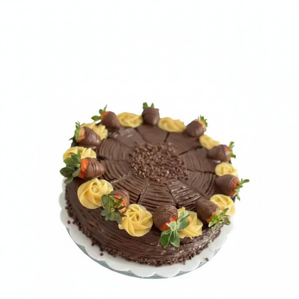 massa de chocolate I recheio de ninho + morangos I decorado de acordo a foto. Observção a fatia vai morango dentro,então o consumo é imediatado.
