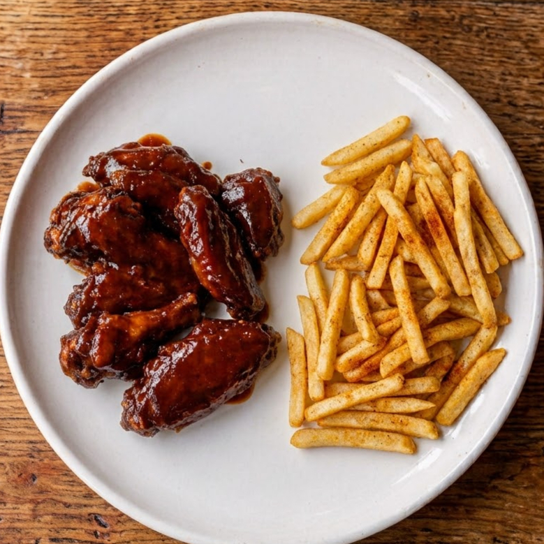 4 ALITAS EN SALSA BBQ Y PAPAS