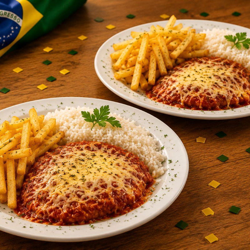 Dois pratos de file de frango empanado, servido com molho de tomate da casa, muito queijo derretido, arroz branco e fritas. finalizado com cebolinha e pimenta biquinho . ( serve duas pessoas )